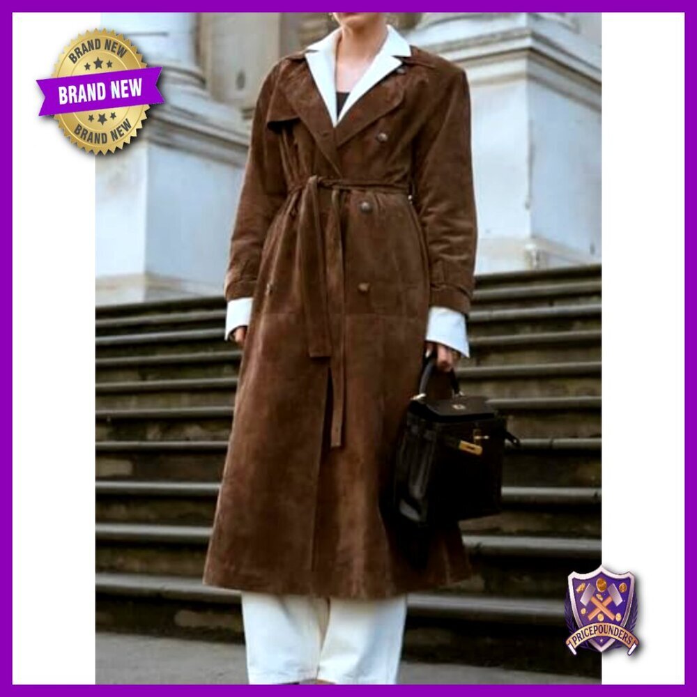 Faux Suede Trench Coat Double Breasted Belted Pea Coat Elegant Classic Chic - Picture 2 of 7